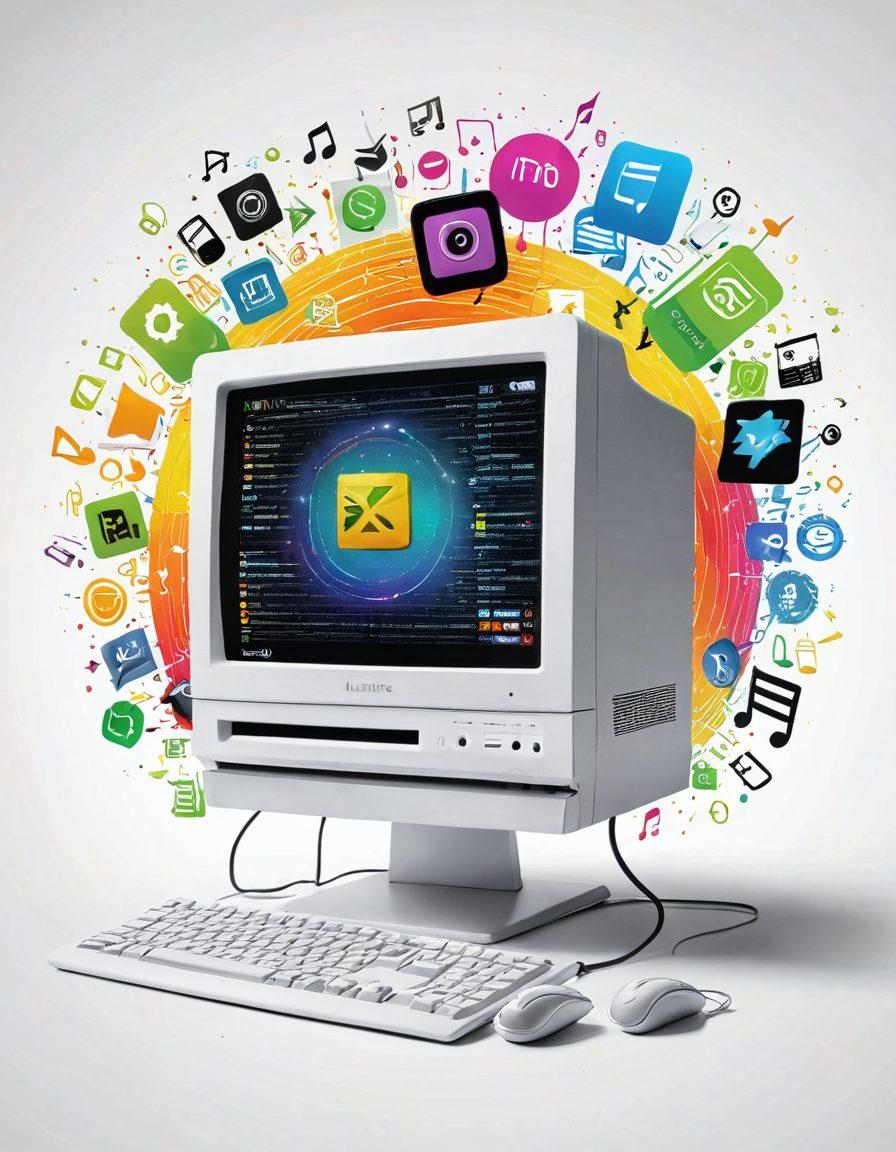 A vibrant collage depicting the evolution of digital content exchange: an old computer with LimeWire interface on one side, transitioning into modern streaming platforms on the other. Include visual elements like download arrows, digital music notes, and streaming icons in between. The background should depict a timeline with subtle gradient colors representing the past to the present. super-realistic. vibrant colors. white background.