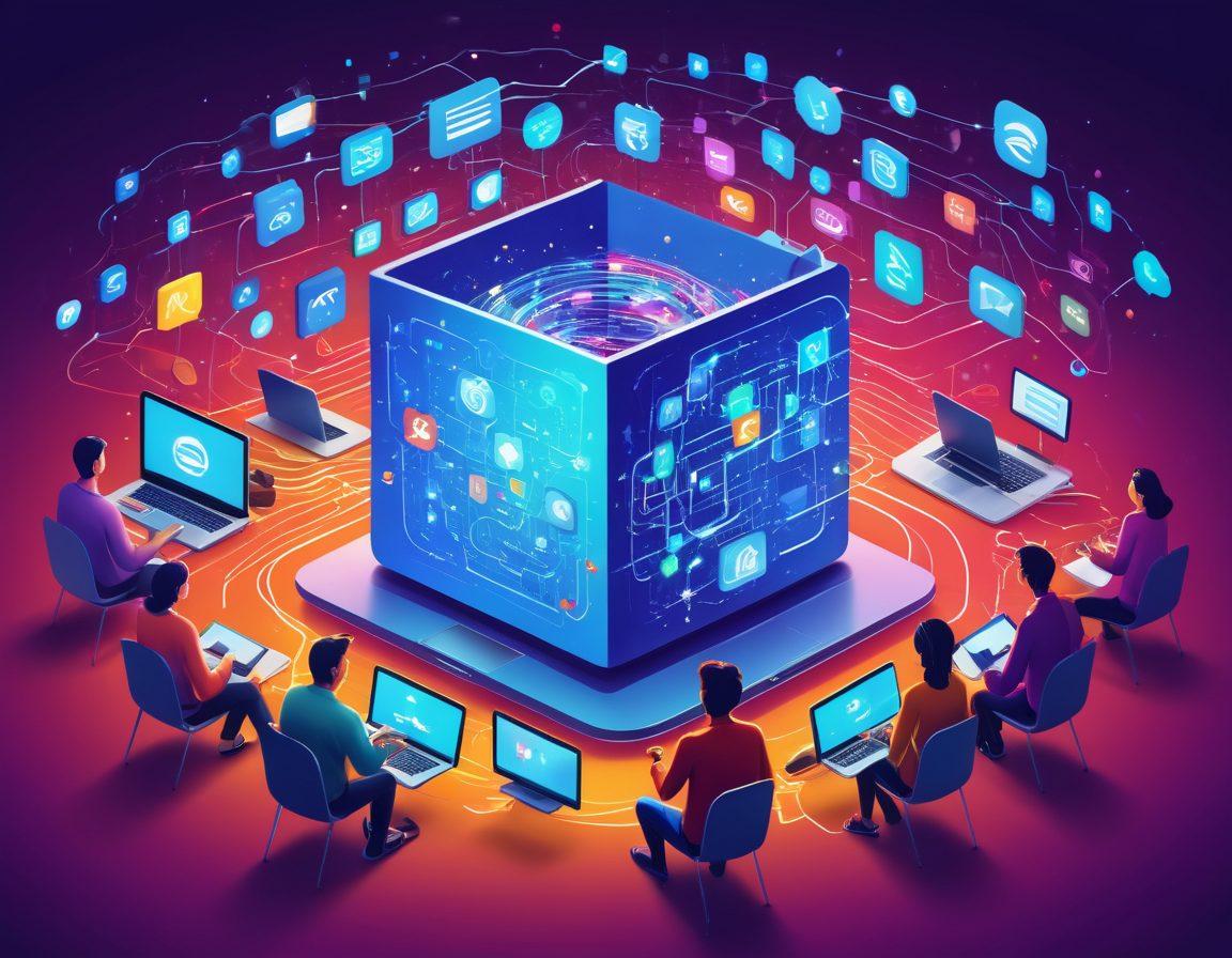 A vibrant digital illustration of a diverse group of people from various cultures connecting through laptops and smartphones, surrounded by swirling data streams and icons representing file sharing. The scene should convey a sense of collaboration and community with friendly expressions. Include abstract elements to represent P2P networks and digital connections, all set against a background that suggests the vastness of the internet. colorful and engaging. vector art.