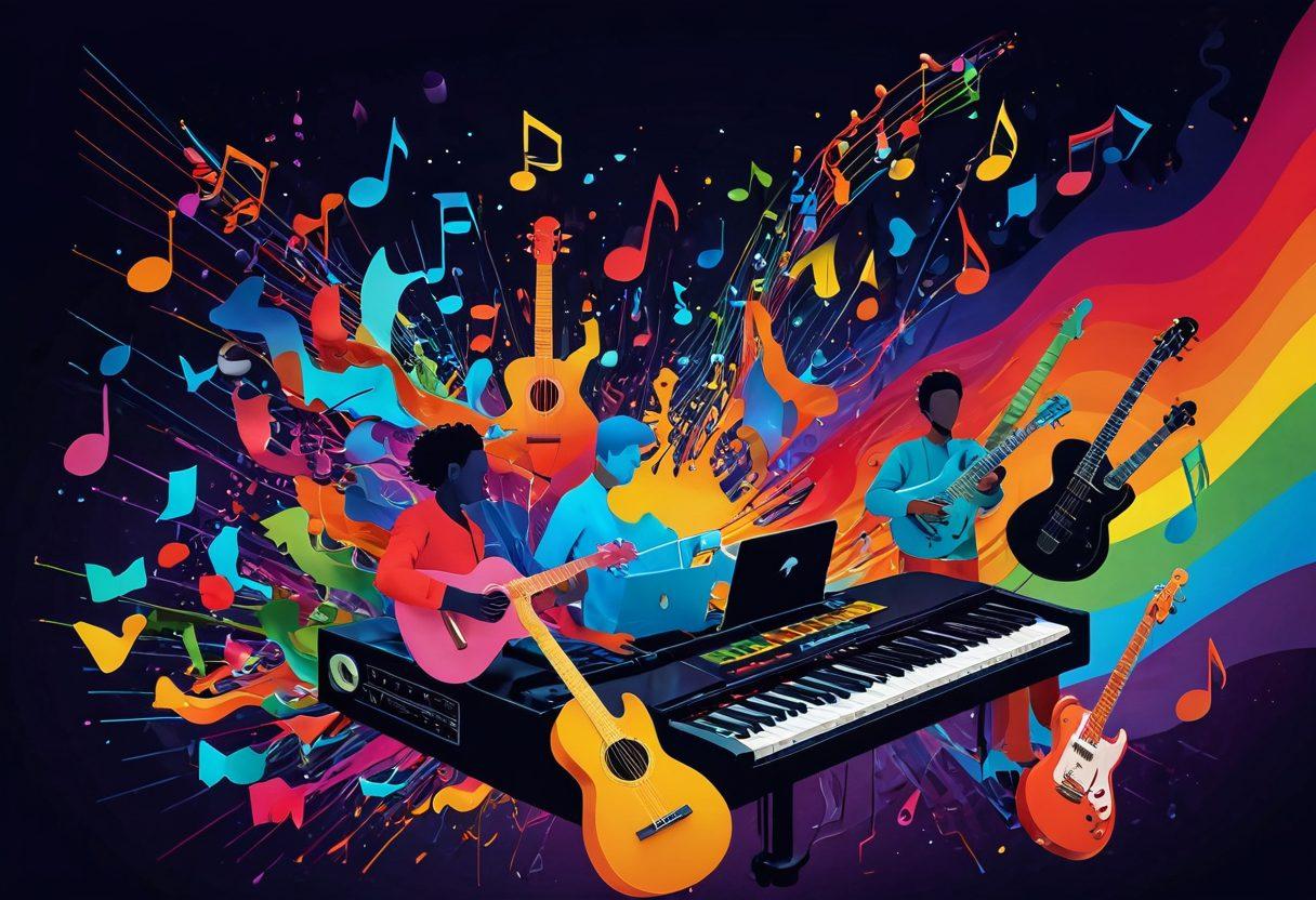 A vibrant musical landscape showcasing diverse musicians collaborating through digital devices, representing a global connection in music sharing. Include vibrant sound waves linking artists around the world, with notes bursting from their devices. Feature an abstract representation of peer-to-peer networks in the background. Use bright, engaging colors to highlight the joy of sharing and collaboration. super-realistic. vibrant colors. 3D.